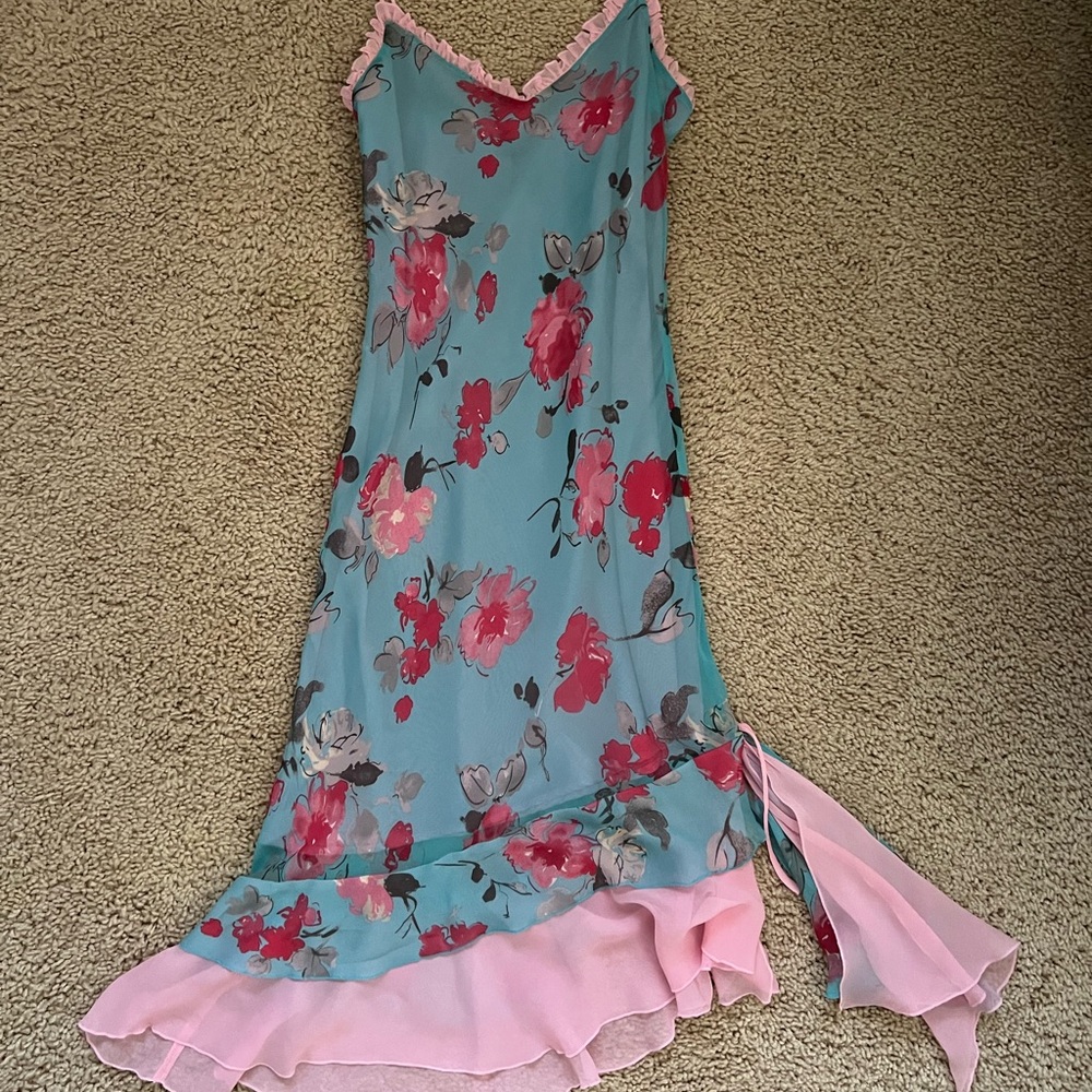 Vintage Sleeveless Spaghetti Strap Blue Floral Dress with Pink Ruffle Trim/Hem